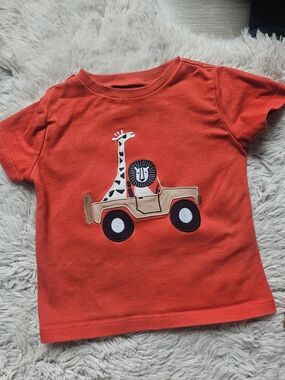Pekkle Safari Animal T-Shirt Orange 18M – Giraffe Lion Jeep Graphic🩷